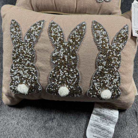 New Bella Lux Sequined Bunny Rabbit Pink Gold Trim Throw Pillow NWT - Picture 7 of 10